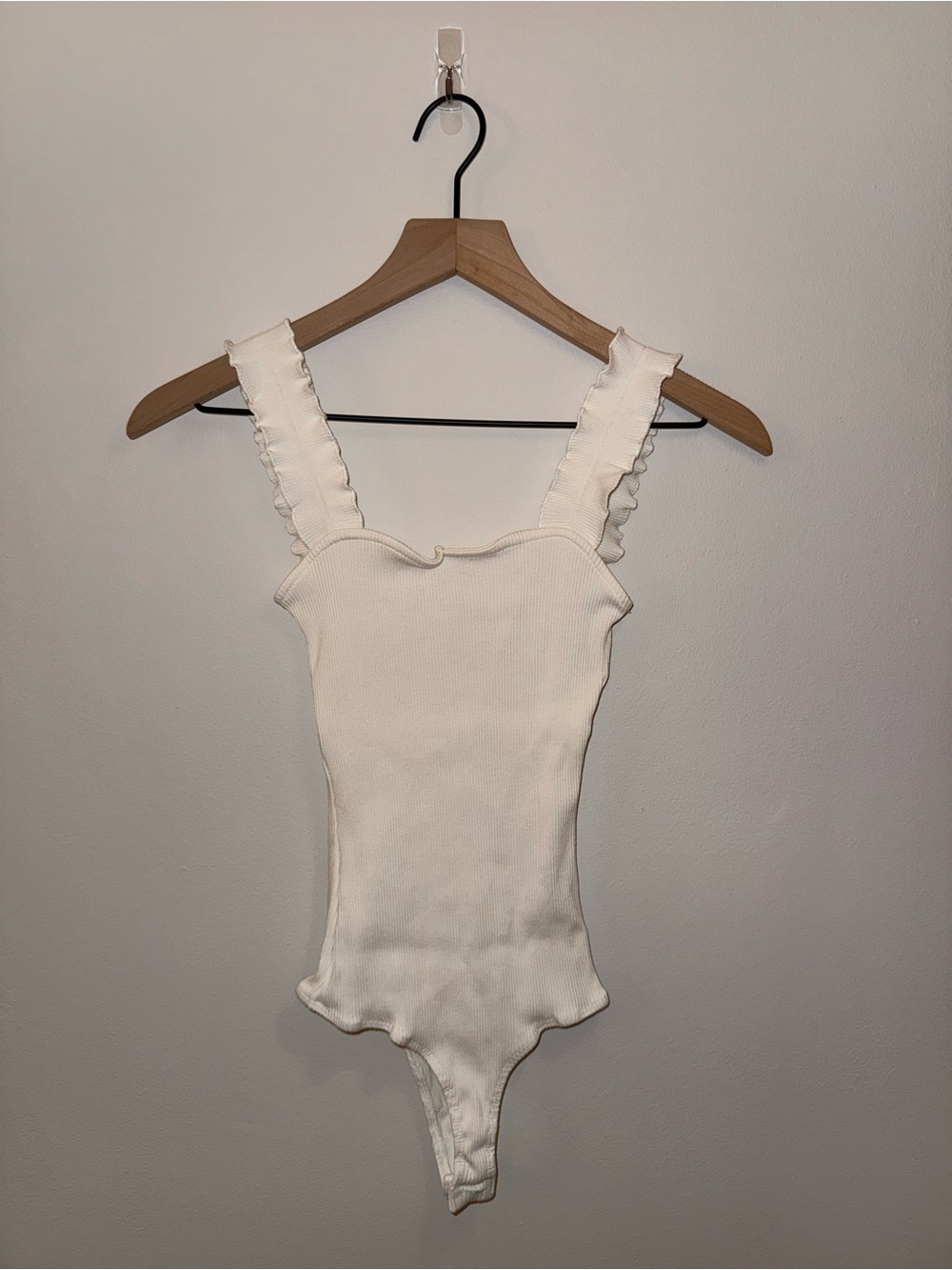 Jolie White Ribbed Ruffle-Strap One-Piece Bodysuit